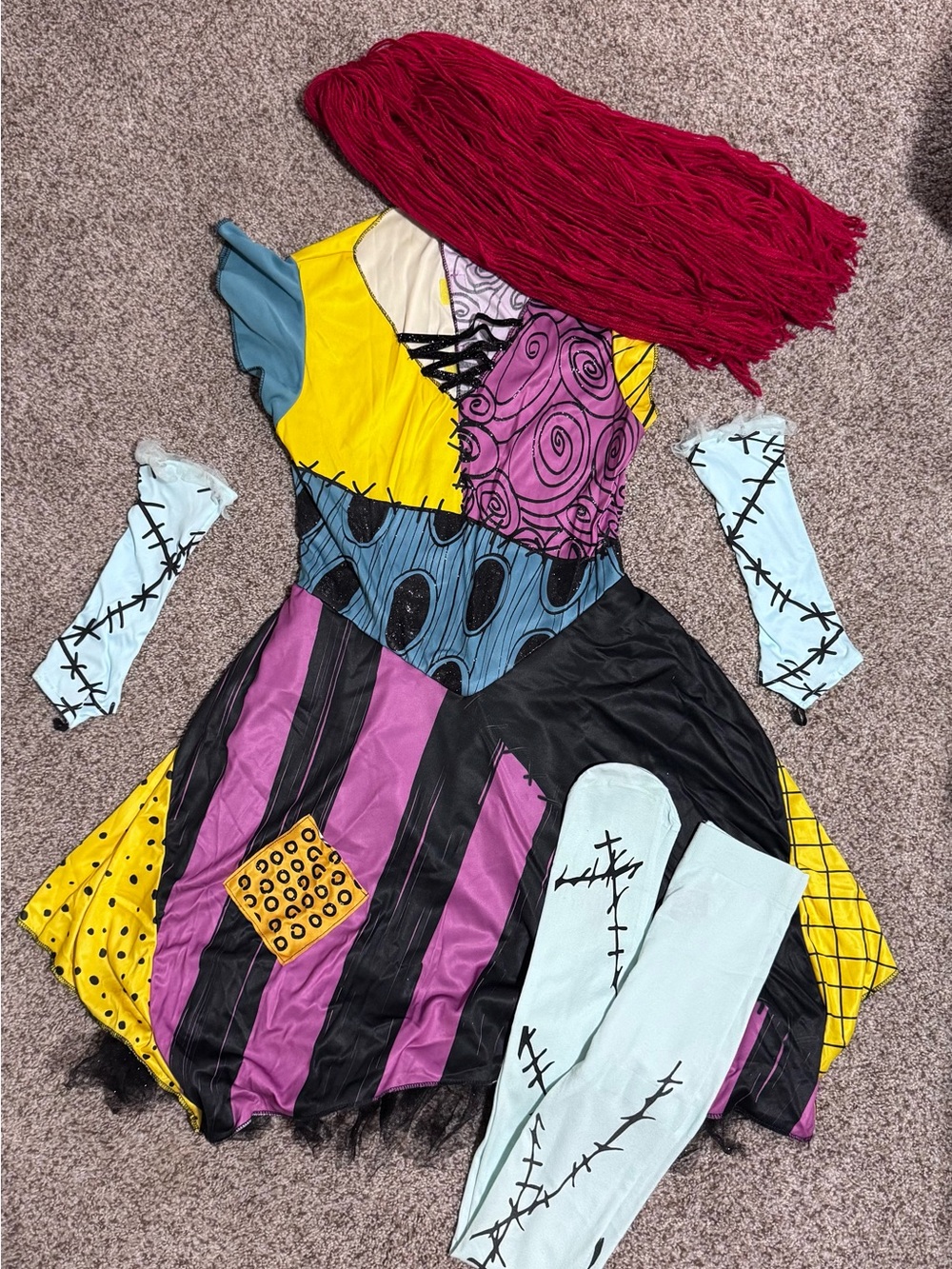 Women’s Sally Nightmare Before Christmas Costume with Red Wig & Leggings Md/Lg